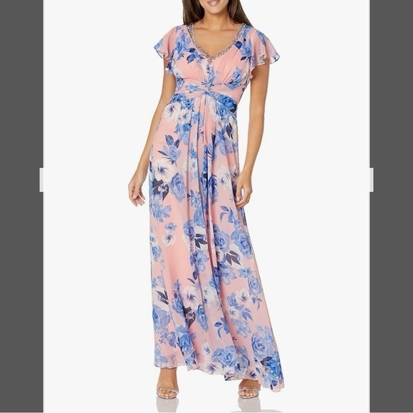 ELIZA J Floral Print Embellished V Neck Flutter Sleeve Gown in Pink Blush - Picture 1 of 7